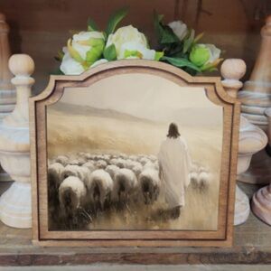 Wooden Framed Shepherd and Sheep Table or Wall Art New Handmade